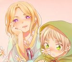  axis_powers_hetalia blonde_hair blush daisy drooling epuko eyebrows flower france_(hetalia) green_eyes hood male_focus multiple_boys open_mouth purple_eyes smile united_kingdom_(hetalia) 