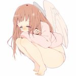  angel_wings bad_id bad_pixiv_id blue_eyes brown_hair crossed_arms full_body half-closed_eyes jinichu long_hair long_sleeves looking_at_viewer original panties pink_sweater simple_background solo squatting sweater tiptoes toes underwear white_background wings 