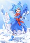  1girl :d absurdres akiteru98 bangs blue_dress blue_eyes blue_footwear blue_hair blue_ribbon blue_sky blush boots cirno commentary day dress eyebrows_visible_through_hair hair_ribbon highres kicking long_sleeves looking_at_viewer motion_blur neck_ribbon open_mouth outdoors red_neckwear red_ribbon ribbon rubber_boots short_hair sky sleeves_past_fingers sleeves_past_wrists smile snow solo touhou 
