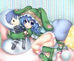  animal_ears animal_hood blue_eyes blue_hair boots bow bunny bunny_ears coat dakimakura_(object) date_a_live eyepatch green_footwear hand_puppet highres hood hug itsuka_shidou lin_yu long_hair looking_at_viewer open_mouth panties pillow pink_panties puppet solo tail underwear yoshino_(date_a_live) 