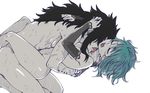  1girl black_hair blue_hair boy_on_top closed_eyes couple detached_sleeves fairy_tail fingerless_gloves gajeel_redfox gloves hetero hug leg_lock levy_mcgarden licking missionary monochrome nude open_mouth petite rusky scar sex short_hair spot_color sweat white_background 