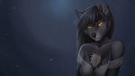 2013 amber_eyes black_fur black_hair black_nose breasts bust canine chest_tuft clothing cute dark_theme female fur hair hi_res long_hair looking_at_viewer mammal night night_sky notched_ear rain shirt sky smile solo torn_ear tuft wallpaper wolf wyla 