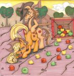  all_fours apple applejack_(mlp) blonde_hair blush braeburn_(mlp) brown_fur brown_hair cousin cowboy_hat cutie_mark doggystyle dragonsushi duo equine female feral freckles friendship_is_magic from_behind fruit fur green_eyes hair hat horse incest male mammal my_little_pony orange_fur outside penetration pony saliva sex straight sweat tree wagon 