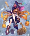  1girl :d blonde_hair boots bra braid breasts broom floating green_eyes grey_bra hair_between_eyes hat holding large_breasts long_hair looking_at_viewer majo_to_hyakkihei metallica_(majo_to_hyakkihei) open_mouth pointy_boots puffy_shorts purple_hat purple_shorts sakurai_energy sharp_teeth shorts smile solo teeth twin_braids twintails underwear very_long_hair witch witch_hat 