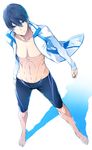  barefoot blue_eyes free! jacket jammers male_focus nanao_(mahaya) nanase_haruka_(free!) open_clothes open_jacket solo swimsuit track_jacket 