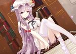  alternate_costume bad_id bad_pixiv_id bare_arms bare_shoulders book bookshelf breasts choker collarbone crescent hair_ribbon hand_on_own_chest hat large_breasts long_hair looking_at_viewer nightgown panties patchouli_knowledge purple_eyes purple_hair ribbon ribbon_choker sitting solo thighhigh_dangle thighhighs touhou tress_ribbon underwear very_long_hair white_crow white_legwear white_panties 