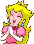  animated animated_gif blonde_hair clapping crown dress earrings elbow_gloves eyes_closed eyeshadow gloves jewelry lipstick long_hair makeup nintendo open_mouth pendant princess princess_peach simple_background solo super_mario_bros. super_princess_peach very_long_hair white_background 
