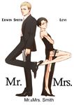  black_hair blonde_hair crossdressing dress erwin_smith formal gun height_difference high_heels holster levi_(shingeki_no_kyojin) mr._and_mrs._smith multiple_boys namesake parody shingeki_no_kyojin shione9 shoe_dangle shoes suit thigh_holster weapon 