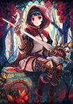  armor blood blue_hair flower forest hood leaf little_red_riding_hood matsumoto_mitsuaki nature original picnic_basket red_eyes red_hood short_hair sitting skirt solo sword thighhighs weapon 