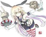  &gt;_&lt; :&lt; anchor anchor_hair_ornament black_panties blonde_hair closed_eyes elbow_gloves gloves green_eyes hair_ornament hairband kantai_collection kumonji_aruto lifebuoy long_hair outstretched_arms panties rensouhou-chan shimakaze_(kantai_collection) skirt solo spread_arms striped striped_legwear thighhighs underwear white_gloves 