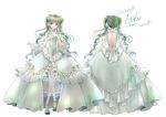  2013 back_cutout backless_dress backless_outfit bare_back cantarella_(vocaloid) character_name character_sheet concept_art copyright_name crossed_legs dated dress elbow_gloves flower frilled_dress frills gloves green_eyes green_hair hair_flower hair_ornament hatsune_miku itto_maru long_hair multiple_views pantyhose project_diva_(series) project_diva_f_2nd sitting twintails vocaloid white_dress 