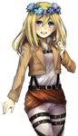  bad_id bad_pixiv_id belt blonde_hair blue_eyes blush christa_renz emblem flower hair_flower hair_ornament head_wreath jacket long_hair mukimuki_mayuge open_mouth paradis_military_uniform shingeki_no_kyojin smile solo thigh_strap training_corps_(emblem) uniform 