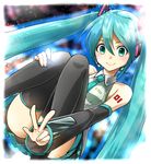  aqua_hair bad_id bad_pixiv_id detached_sleeves green_eyes hatsune_miku headset highres long_hair necktie skirt smile solo thighhighs twintails tyone v very_long_hair vocaloid 