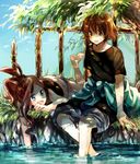  1girl bad_id bad_pixiv_id blue_eyes brown_eyes brown_hair clothes_around_waist high_ponytail jacket_around_waist long_hair naru_(andante) nature no_hat no_headwear outdoors pokemon pokemon_(game) pokemon_bw short_hair signature sitting soaking_feet touko_(pokemon) touya_(pokemon) tree under_tree water 