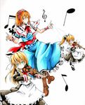  alice_margatroid ascot blush boots colored_pencil_(medium) hair_ribbon highres instrument koji_(koji-a) marker_(medium) mary_janes musical_note nib_pen_(medium) ribbon sash shanghai_doll shawl shikishi shoes simple_background solo touhou traditional_media violin 