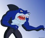  abs anthro belt biceps blue_skin clothing dorsal_fin fangs fin fish fishmen great_white_shark male marine maxime-jeanne muscles mutant open_mouth pants pecs pose ripster ripster_(street_sharks) scales scalie shark solo standing street_sharks teeth tongue topless 