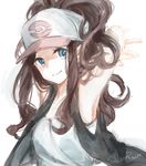  arms_behind_head arms_up bad_id bad_pixiv_id baseball_cap blue_eyes brown_hair hat high_ponytail long_hair looking_at_viewer naru_(andante) pokemon pokemon_(game) pokemon_bw signature smile solo touko_(pokemon) vest white_background 