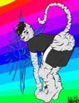  blue_eyes butt clothing feline headphones mammal melkiah plain_background presenting presenting_hindquarters rainbow_background shirt shorts solo tiger tribal_design 