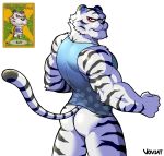  2018 animal_crossing anthro back_muscles barazoku biceps bottomless butt clothed clothing digital_media_(artwork) feline fur looking_at_viewer looking_back male mammal muscular muscular_male nintendo pantherine rolf_(animal_crossing) simple_background solo standing tiger video_games voviat 