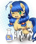  blue_hair blush bottle breasts cutie_mark equine female feral freckles friendship_is_magic fur green_eyes hair horse looking_at_viewer mammal milky_way_(character) mingamia my_little_pony nipples one_eye_closed original_character pony socks solo tan_fur teats wink 