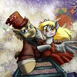  amber_eyes balddumborat blonde_hair blue_eyes blush brown_fur brown_hair clothed clothing crossover cute derp_eyes derpy_hooves_(mlp) doctor_whooves_(mlp) dress duo equine female feral friendship_is_magic fur grey_fur hair happy hat hi_res horse house hug ladder long_hair looking_at_viewer male mammal my_little_pony pegasus pony short_hair smile snow snowflake spread_wings suit top_hat tree wings 