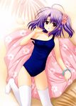  absurdres bracelet breasts covered_nipples daisy_(shuffle!) flower hair_flower hair_ornament highres jewelry legs lying nishimata_aoi one-piece_swimsuit pillow pointy_ears purple_eyes purple_hair school_uniform shuffle! shuffle!_essence+ small_breasts swimsuit thighhighs white_legwear 