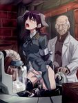  1girl animal_ears bad_id bad_pixiv_id bald bdsm blush bondage bound commentary_request dog_ears gertrud_barkhorn hetero kosokosomaru_(higashi_taishi) labcoat old_man open_mouth panties panties_aside purple_hair restrained sex_machine stationary_restraints strike_witches tears underwear world_witches_series 