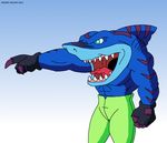  abs anthro biceps blue_eyes blue_skin body_markings clothing dorsal_fin fangs fin fish fishmen gloves hybrid male marine markings maxime-jeanne muscles mutant open_mouth pants pecs pose purple_skin scales scalie shark solo standing street_sharks streex streex_(street_sharks) stripes teeth tiger_shark tongue topless 