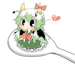  bat_wings black_eyes blush demon_horns ex-keine green_hair heart horns kamishirasawa_keine long_hair lowres rebecca_(keinelove) ribbon smile solo spoon tail touhou wings 