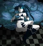  aconitea bad_id bad_pixiv_id bikini_top black_hair black_rock_shooter black_rock_shooter_(character) blue_eyes boots bottomless checkered checkered_floor choker flat_chest front-tie_top gloves glowing glowing_eye heart heart_pillow highres knee_boots long_hair lying navel no_panties on_back pale_skin pillow ringed_eyes scar solo thigh_strap twintails uneven_twintails 