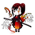  :&lt; chibi earrings fire hamada_youho horns japanese_clothes jewelry katana kimono original scar solo sword weapon 