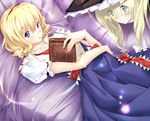  alice_margatroid blonde_hair blue_eyes book couch drill_hair green_eyes grin hairband hat kirisame_marisa looking_at_viewer lying multiple_girls on_back open_book smile soumi_shizuru touhou 