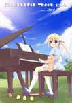  bird blonde_hair blue_eyes chick cloud copyright_request day grand_piano grass hits instrument long_hair looking_back miyasaka_miyu outdoors piano piano_bench shoes sitting sky socks solo stuffed_animal stuffed_toy teddy_bear twintails 