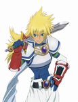  armor belt blonde_hair blue_eyes cape gloves hand_on_hip headband long_hair male_focus official_art over_shoulder smile solo stahn_aileron sword sword_over_shoulder tales_of_(series) tales_of_destiny weapon weapon_over_shoulder 