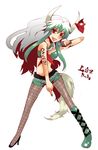  asana asymmetrical_clothes boots caved ex-keine fishnet_pantyhose fishnets green_hair high_heels horn_ribbon horns idol kamishirasawa_keine long_hair markings microphone middle_finger midriff mismatched_footwear pantyhose red_eyes ribbon shoes solo tail touhou white_hair 