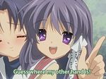  blush cap clannad comedy fujibayashi_kyou humor ichinose_kotomi multiple_girls purple_eyes screencap smile subtitled warped_context yuri 