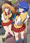  blue_hair eyepatch food from_above ice_cream ikkitousen looking_up miyazawa_tsutomu multiple_girls plaid plaid_skirt popsicle red_skirt ryomou_shimei school_uniform skirt sonsaku_hakufu sweater_vest vest wind 