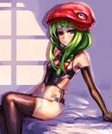  arm_support bed blue_eyes bow_(bhp) elbow_gloves gloves green_hair hat lingerie long_hair original panties serious sitting solo thighhighs underwear 