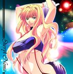  bandeau blonde_hair breasts choker earrings idol jewelry large_breasts lipstick long_hair macross macross_frontier makeup mgk968 neon_lights sheryl_nome single_earring solo strapless suspenders tubetop underboob 