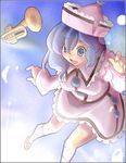  :d blue_eyes blue_hair hat instrument lowres merlin_prismriver open_mouth skirt sky smile solo touhou trumpet 