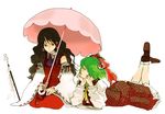  alternate_hairstyle ascot bad_id bad_pixiv_id bow brown_hair detached_sleeves gohei green_hair hair_bow hair_down hakurei_reimu hanamiboshi kazami_yuuka long_hair lying multiple_girls on_stomach oonusa parasol plaid plaid_skirt plaid_vest red_eyes ribbon shade short_hair skirt skirt_set touhou umbrella vest 