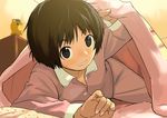  amagami bed bed_invitation black_eyes blush brown_hair come_hither face grin looking_at_viewer messy_hair pajamas short_hair smile solo tachibana_miya under_covers watarai_keiji 