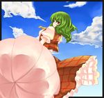  ascot cloud day dutch_angle from_behind from_below green_hair kazami_yuuka looking_back plaid plaid_skirt plaid_vest red_eyes short_hair skirt skirt_set sky solo touhou umbrella vest zoo_min 