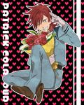  bad_id bad_pixiv_id boots bouquet calla_lily character_name flower gloves gundam gundam_00 heart heart_background male_focus military military_uniform one_eye_closed patrick_colasour purple_eyes red_hair rose smirk solo tsu uniform 