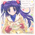  blue_eyes blue_hair clannad food hair_bobbles hair_ornament ichinose_kotomi long_hair romaji solo tamaki_(diarie_inaiinaibaa) translated two_side_up 