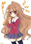  aisaka_taiga brown_hair flat_chest food long_hair mikaki_mikako oohashi_high_school_uniform red_eyes sandwich school_uniform solo thighhighs toradora! very_long_hair 