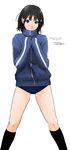  black_hair blue_eyes buruma gym_uniform highres jacket original ryouzou short_hair simple_background smile socks solo 