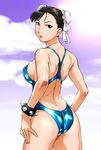  ass back black_hair bracelet breasts brown_eyes bun_cover chun-li competition_swimsuit covered_nipples double_bun flat_ass jewelry lipstick looking_back makeup medium_breasts one-piece_swimsuit short_hair sideboob solo spiked_bracelet spikes street_fighter swimsuit ueyama_michirou 
