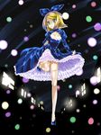  absurdres blonde_hair blue_eyes bow dress hair_bow highres kagamine_rin maetaku short_hair solo thighhighs vocaloid zettai_ryouiki 