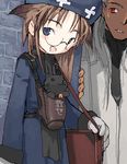  1girl artist_request bag bell bell_collar blue_eyes brown_hair cat coat collar copyright_request dark_skin glasses hat holster long_hair lowres non-web_source oekaki red_eyes scarf smile 